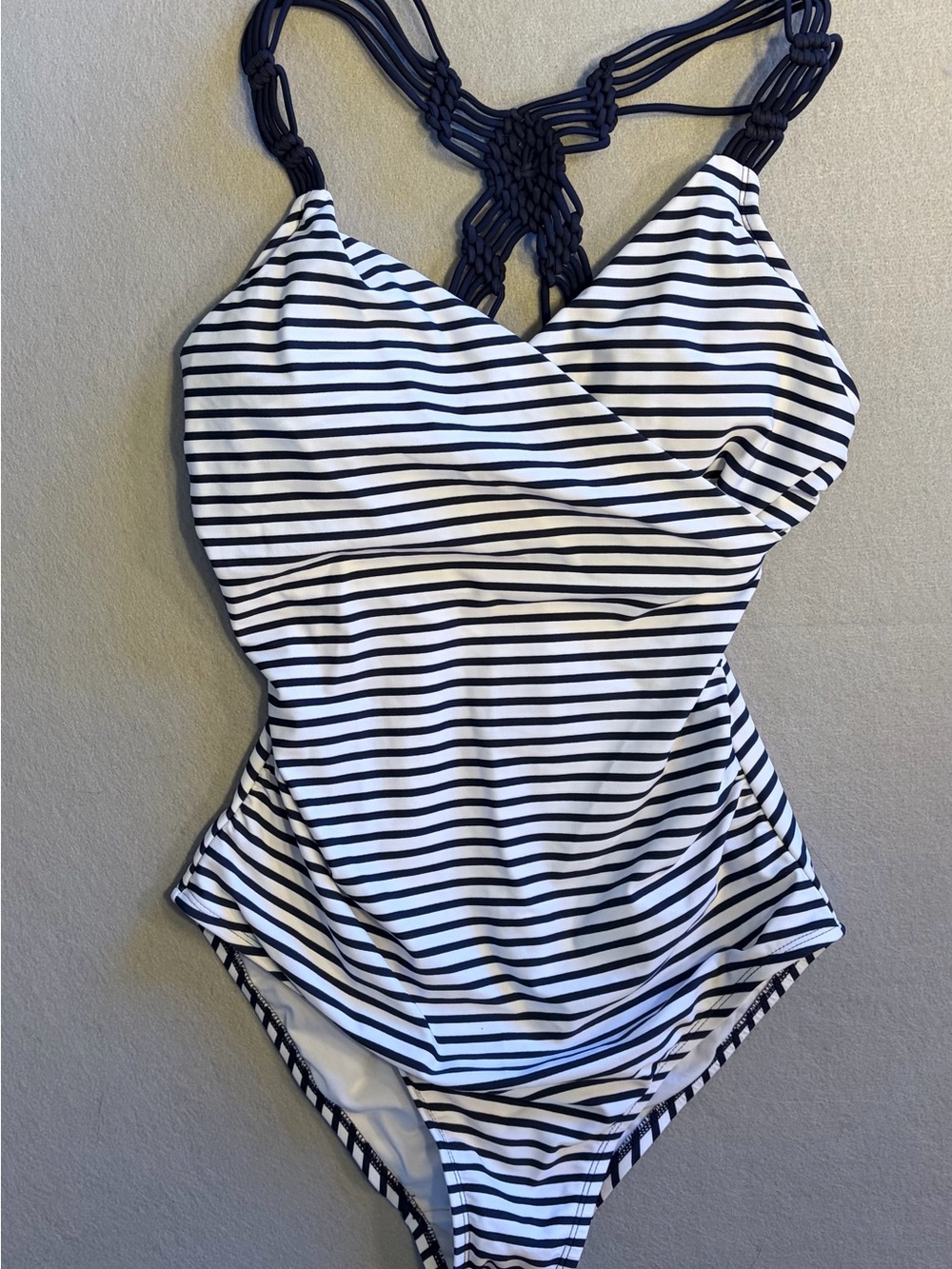 Kona Sol Navy & White Striped One-Piece Swimsuit with Macramé Straps